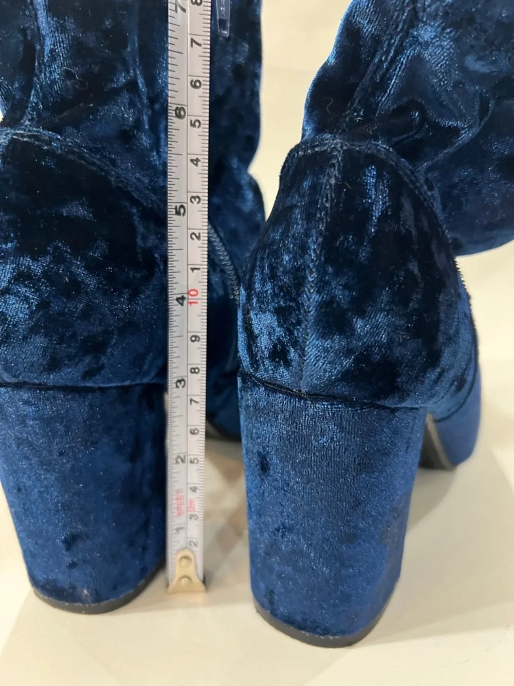 Reza Navy Velvet Ankle Boots Chunky Heel Size 7 and 3” block heel